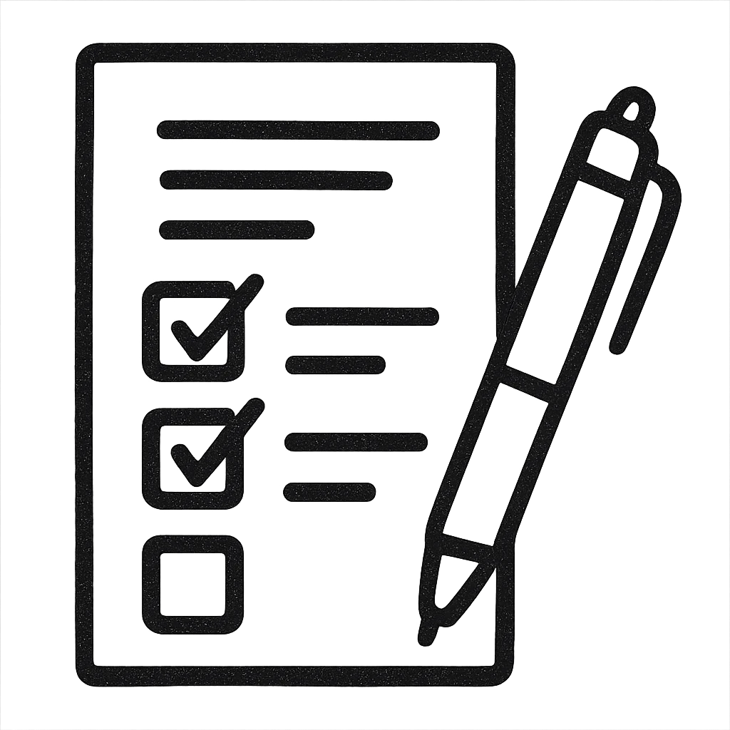 hand-drawn outlined icon of a survey form with a pen emoji