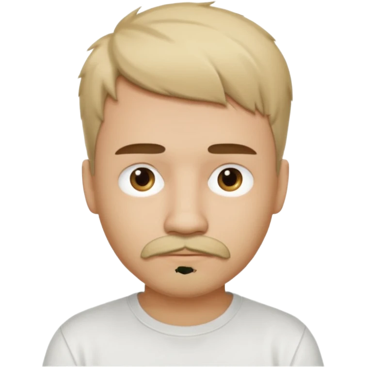 They have short, slightly messy hair with a defined straight fringe. They’re wearing a plain white t-shirt, partially covering their face. The person has a goatee and mustache, giving a stylized look to their facial hair.  emoji