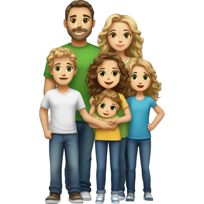 Family of 5:  Dad: Tall, brown hair/eyes, fair. Mom: Medium, blonde, green eyes, fair. Daughter 1: 3, long brown hair, brown eyes. Daughter 2: 2, curly blonde, blue eyes. Baby: 5 months, brown hair/eyes. emoji
