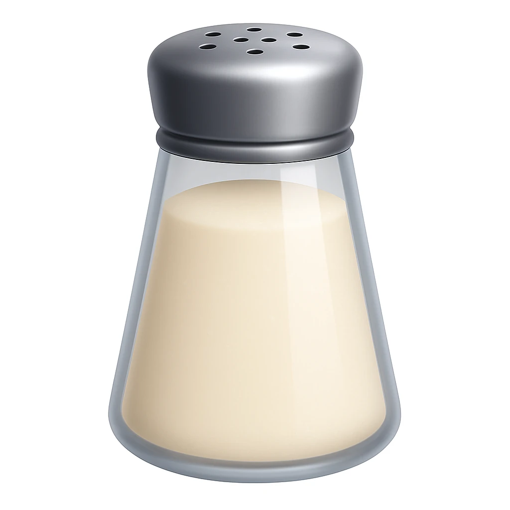 Keep the image exactly the same, just add salt shaker holes to the top of the metallic lid. The style is iOS emoji style, 3D, shiny, smooth gradients, soft shadows, realistic salt shaker shape, no face. emoji