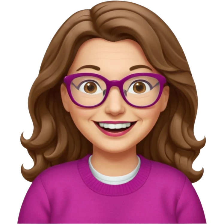 50 yr Caucasian woman, long brown hair parted on side, brown eyes, glasses, big smile, white teeth, fuscia sweater, chubby, wavy hair emoji