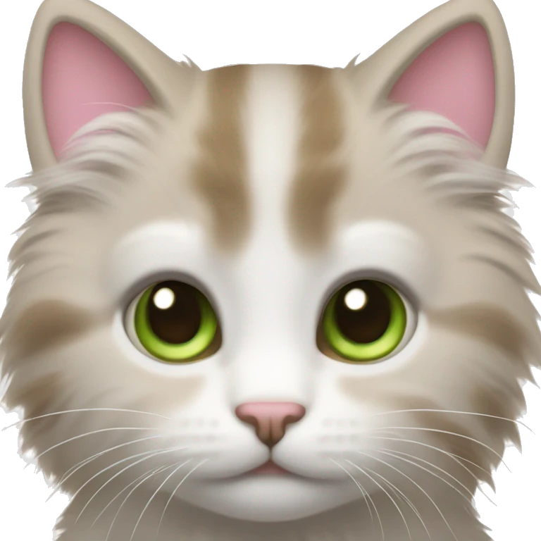 Make a kitten with brown fur, with white fur surrounding its eyes, muzzle and paws. Give it green eyes, a pink nose and white whiskers. emoji