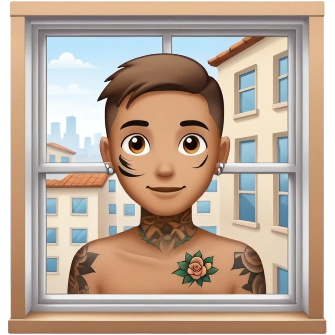 person with face tattoo looking out of window and opens shatters happy emoji
