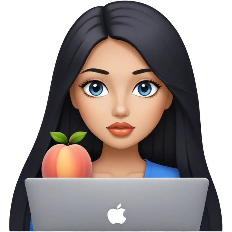 Glamours, tanned, very beautiful girl, with big pump peach lips, black straight smooth silky long hair, straight parting, blue-grey eyes, holding MacBook emoji
