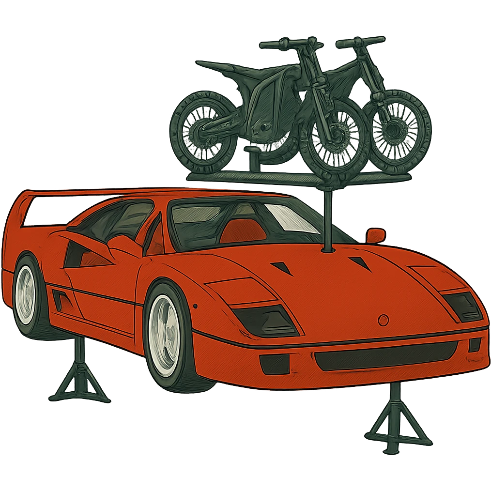 Make the two Sur-Ron electric bikes on the roof rack much smaller, to proper scale—significantly smaller than the stylized Ferrari F40, as they would be in real life. Keep the background transparent. emoji