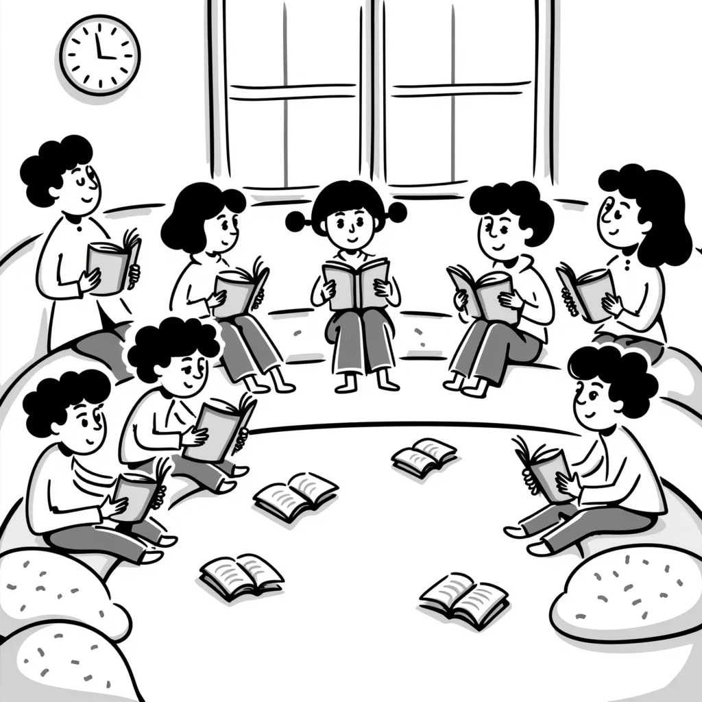 hand-drawn cozy classroom with cushions and books emoji