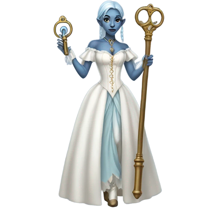 elf blue woman login holding a big key in white victorian dress, full body emoji