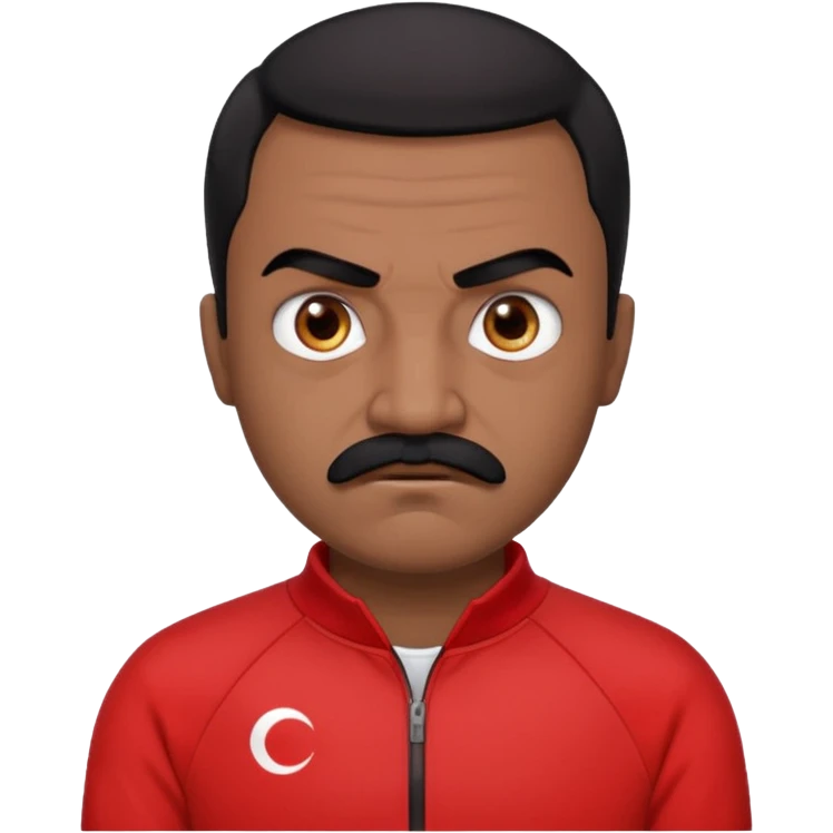 Recep İvedik character iconic look: short black hair, thick black eyebrows, distinct mustache, red-black tracksuit top, slightly angry and funny facial expression, Turkish comedy style emoji emoji