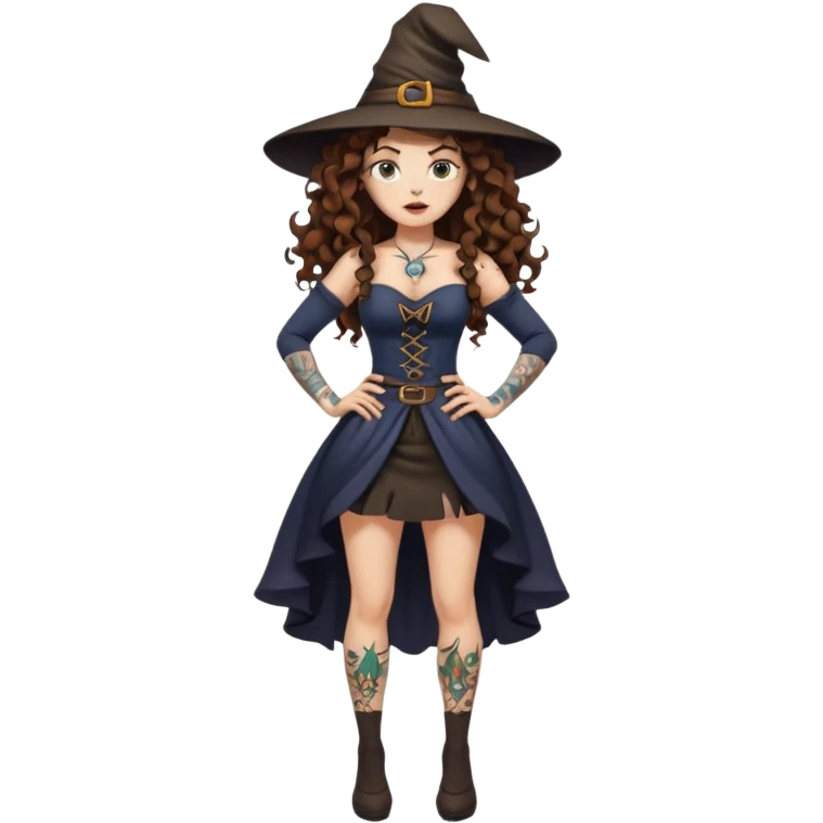 full body view of a woman with long curly brown hair, brown eyes, white skin, tattoos, hands on hips, unimpressed witch stance, psychedelic background swirl emoji