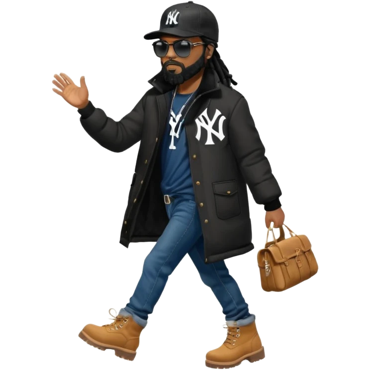 African American man with shoulder length black dreadlocks with black beard wearing black sunglasses wearing a black New York Yankees logo baseball cap wearing a black bubble winter coat with denim skinny jeans and timberland boots walking with hand out emoji