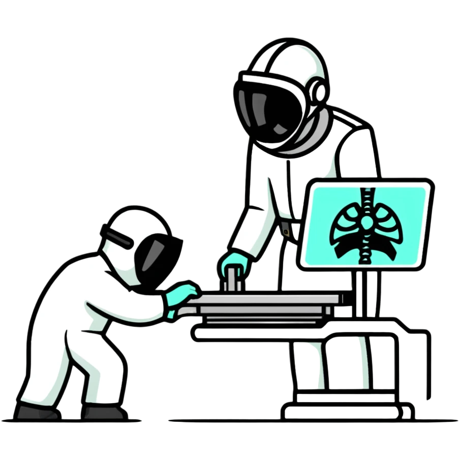 A friendly radiologist operating an X-ray machine, wearing protective gear emoji