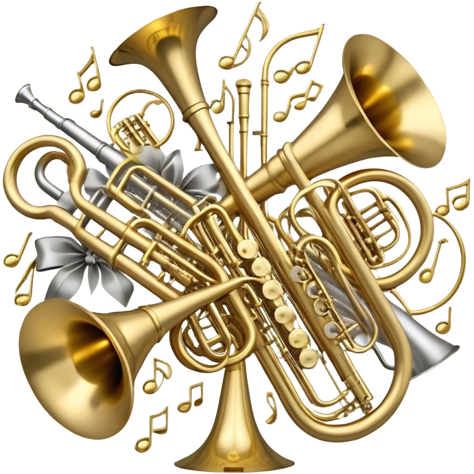 Create a festive and elegant emoji collage featuring a bouquet or fan of brass instrument bells (trumpets, saxophones, trombones, tubes, etc.) arranged in a radiant, symmetrical pattern. The instruments should have polished, golden and silver finishes, with their large, shiny bells forming a beautiful, fan-like display. Include a flowing ribbon of musical notes swirling through the center, conveying movement and melody. The background should feature a deep red velvet texture, adding a touch of luxury and sophistication. The overall composition should be balanced, with an elegant and regal feel, with a transparent background to keep focus on the instruments and musical elements. emoji