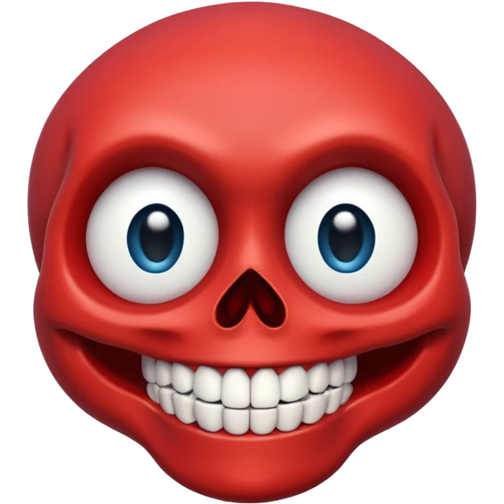 “A bright red cartoon skull with a smooth shiny surface, large round blue eyes with white outlines, a wide exaggerated smile showing big detailed teeth, simple black nose cavity, clean symmetrical face shape, centered on a plain light background, HD, sharp, vibrant, no distortion.” emoji