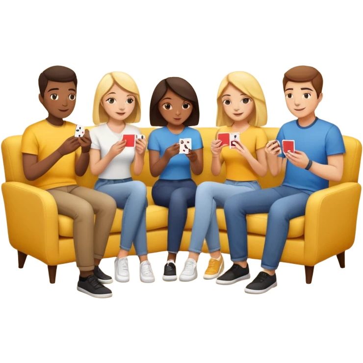 group of friends on couch playing a card game couch should be deep yellow color emoji