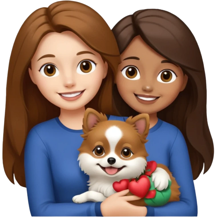 Create a high-quality emoji illustration of a woman with long brown hair, smiling, holding a small Pomeranian dog. The dog’s face is mostly black with a white line centered from the nose to the mouth. Minimalist emoji style, smooth lines, bright but natural colors.” emoji