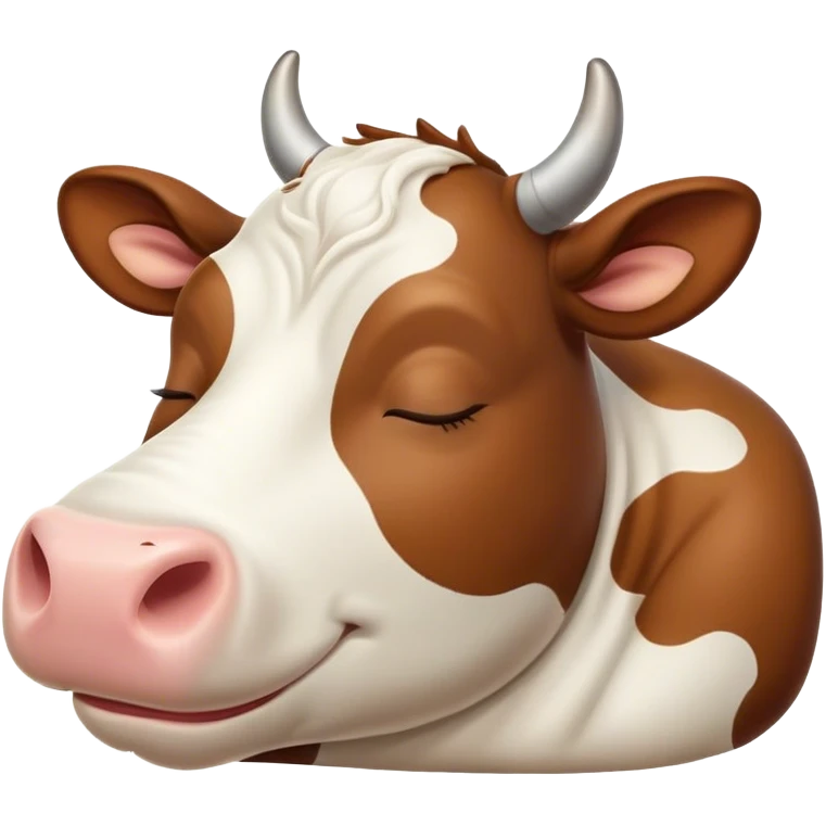 Meme-Worthy Cute Sleeping Brown and White Cow Portrait Emoji, Head resting peacefully with a contented smile, showcasing a robust build and a luxuriously soft patterned hide of brown and white, eyes shut in a serene, restful nap, Simplified yet hilariously adorable features, highly detailed, glowing with a soft, drowsy light, high shine, relaxed and utterly lovable, stylized with an air of playful laziness, bright and heartwarming, soft glowing outline, capturing the essence of a comically sleepy cow, so meme-worthy it feels like it could instantly become the next viral sensation of adorable slumber! emoji