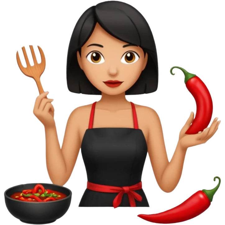 black short shoulder length hair tanned woman, black dress cooking, holding chili pepper emoji