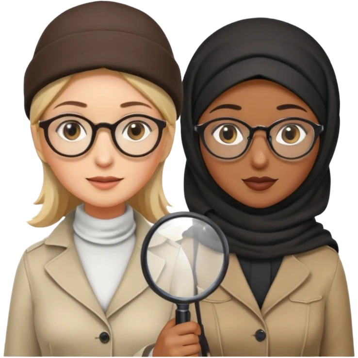 one white woman with hijab and glasses detective + one black woman without hijab and glasses detective  hand lens in one hand, hat etc emoji