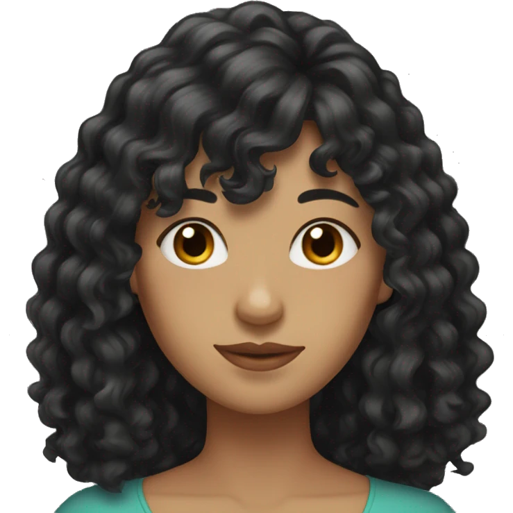 woman with long black curly hair and bangs and dark brown eyes emoji