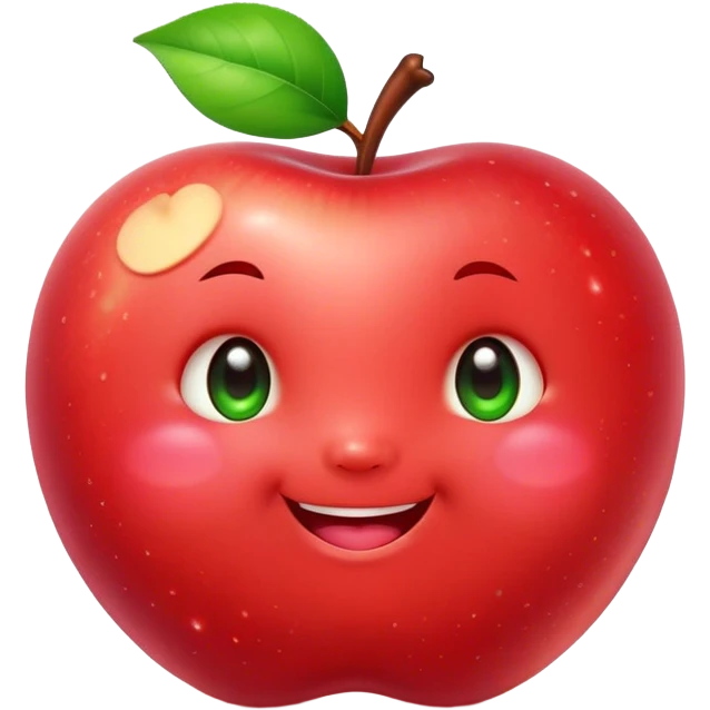 Cute Kawaii Apple, round and plump, bright shiny red with a tiny green leaf, chubby cheeks, sparkling eyes, a happy smile, soft glowing highlights, radiating fresh sweetness! emoji