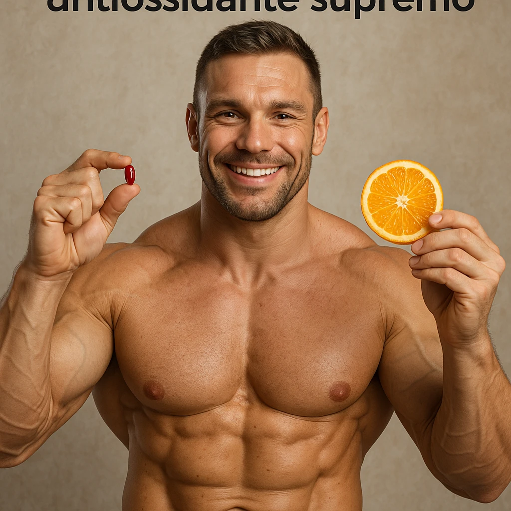 hyper realistic bodybuilder holding astaxanthin and an orange slice, defined muscles, text 'Astaxantina: antiossidante supremo', positive atmosphere, realistic details emoji