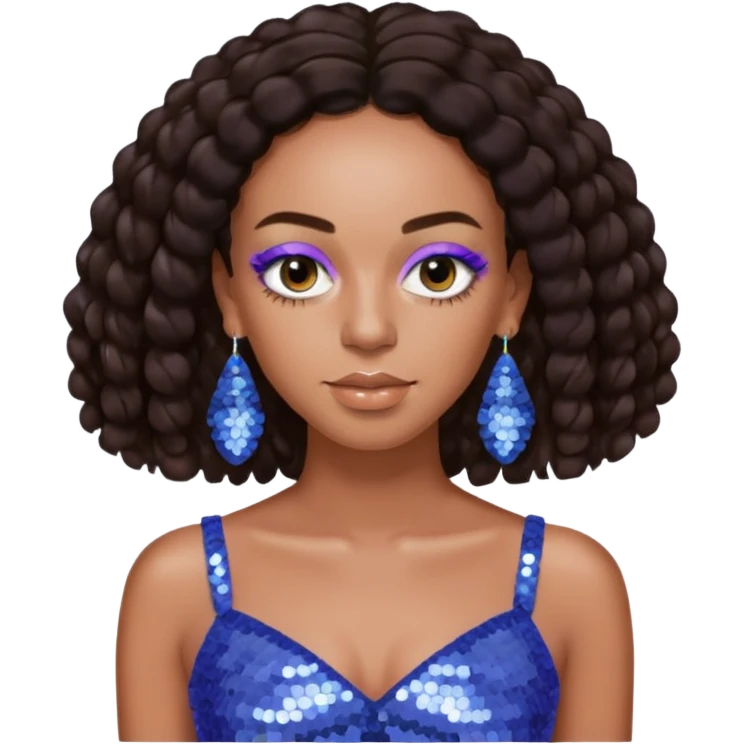 Solange with dark brown long hair, periwinkle sequin crop top, periwinkle earring emoji