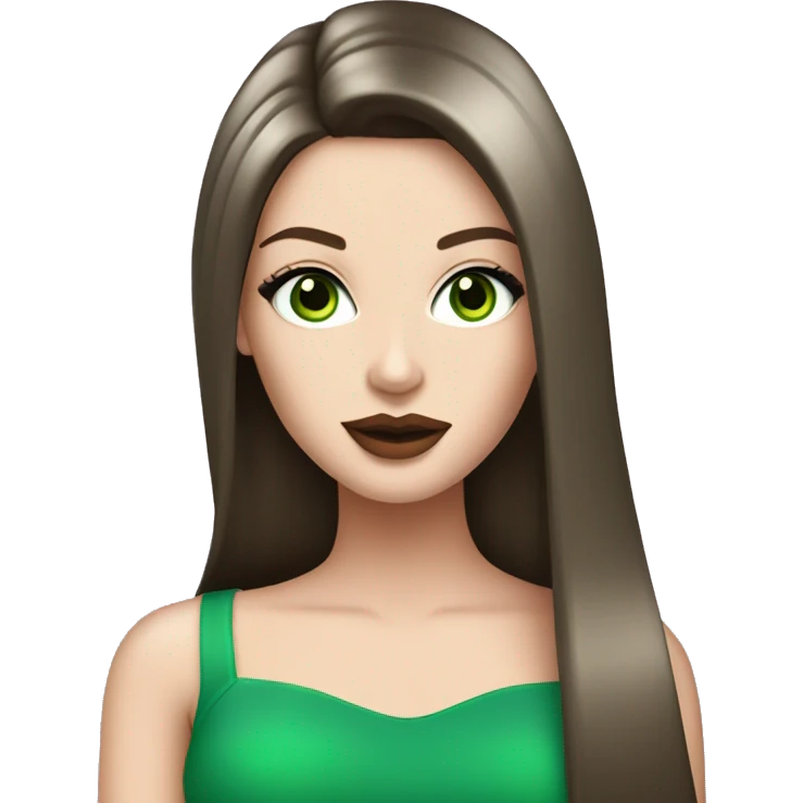 Brunette bombshell supermodel girl with long straight hair, pale skin, big pink lips and green eyes emoji