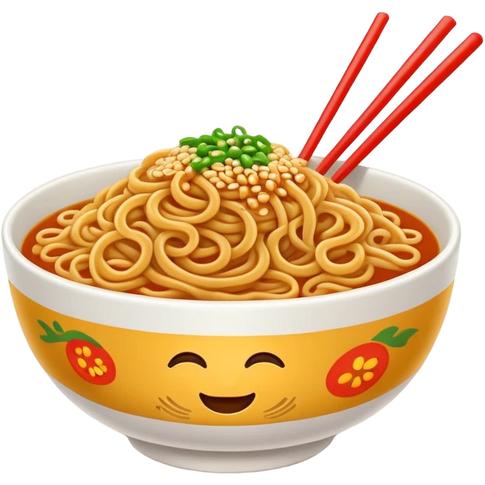 Wuhan hot dry noodles with sesame paste topping, simplified emoji style with bold outlines and bright colors, cartoon style unique breakfast noodles emoji