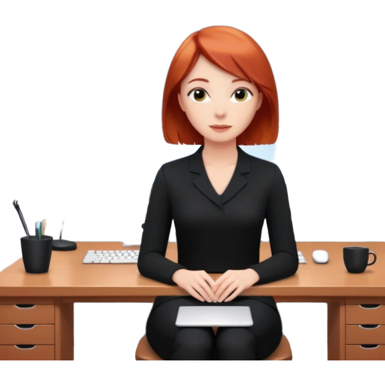 “Video call therapy session: red-haired therapist with short hair wearing black minimalist clothing, seated in a professional home office, looking at the webcam; client with long hair wearing all-black outfit visible on screen; calm, modern teletherapy setting emoji