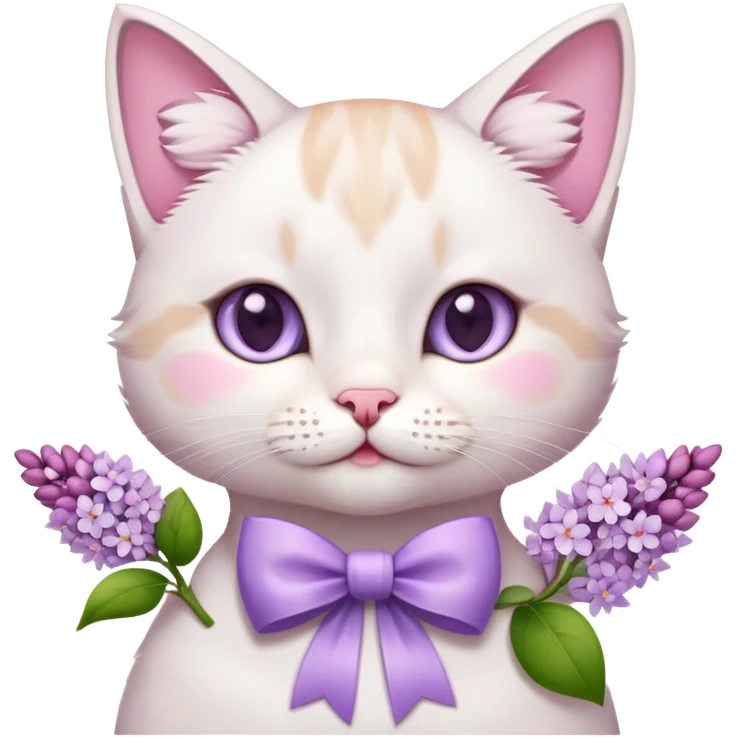cute white and pink toned cat holding lilac flowers with a bow on its neck, emoji style emoji