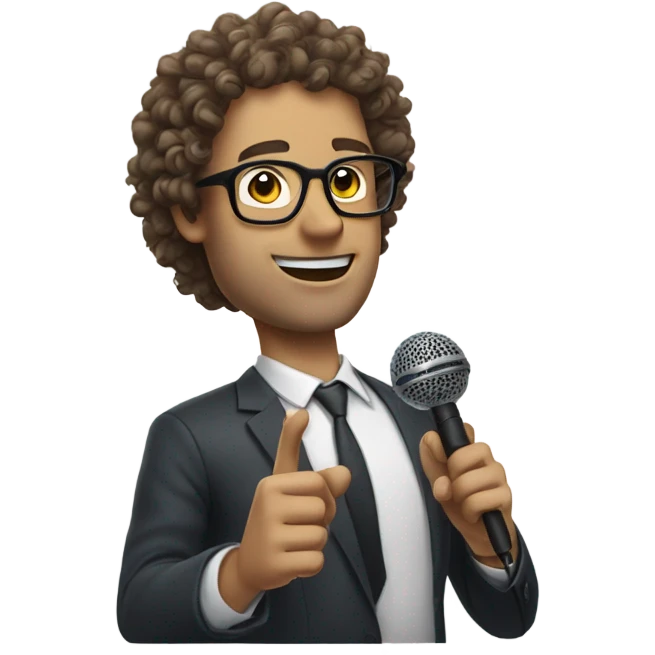 Curly hair white guy with glasses and microphone emoji