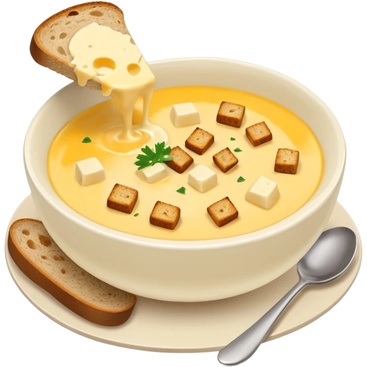 cheese soup with garlic, and cubes of dry dark bread in bowl emoji
