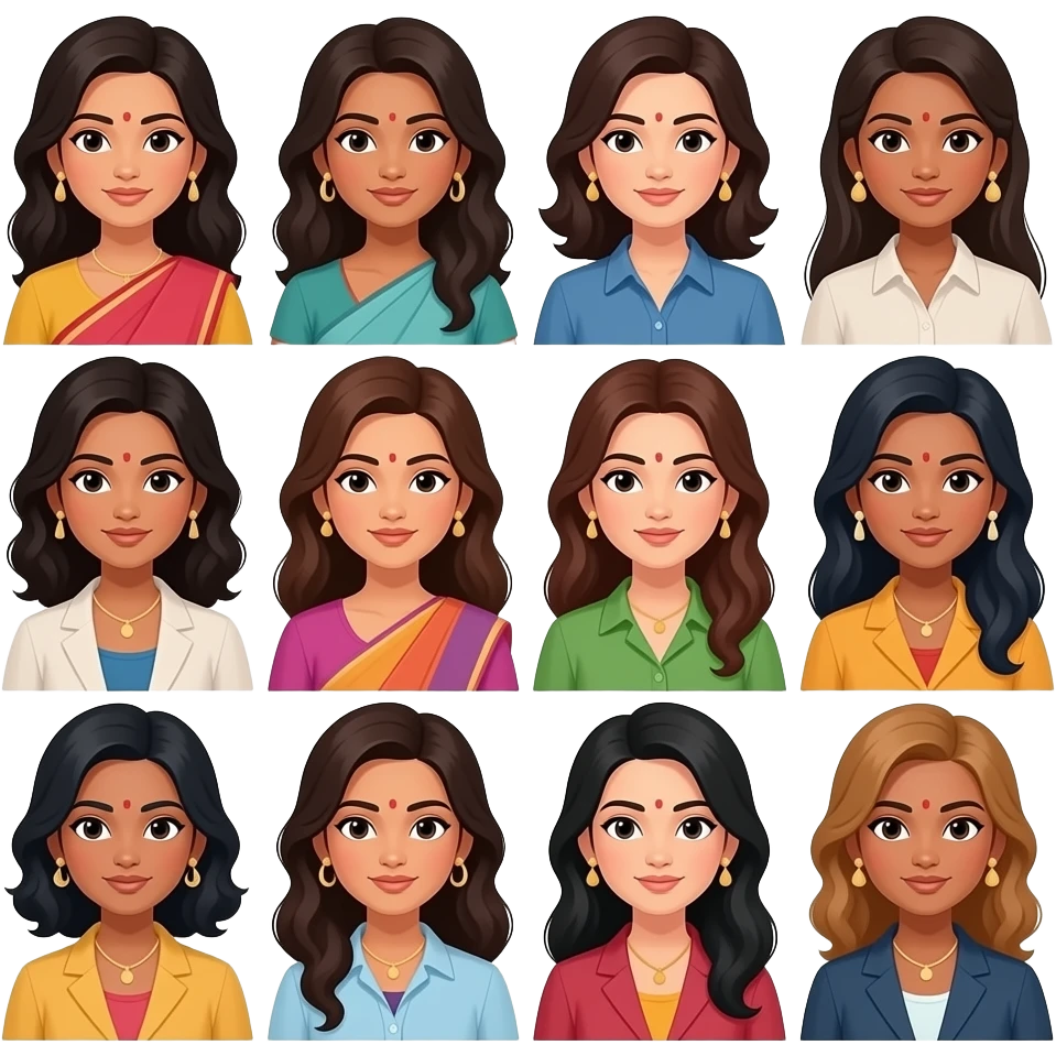 create 3d emoji of 12 indian women with different hair ,skin, eyes and western clothes emoji
