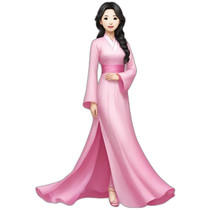 Go Yoon Jung with wavy black hair posing with pink ao dai full body emoji