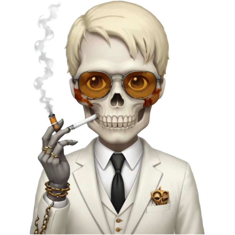 cinematic realistic - steampunk Megadeth - a gentleman in a white suit that smokes, has a skull instead of a head, wears rusty metal glasses with chains emoji