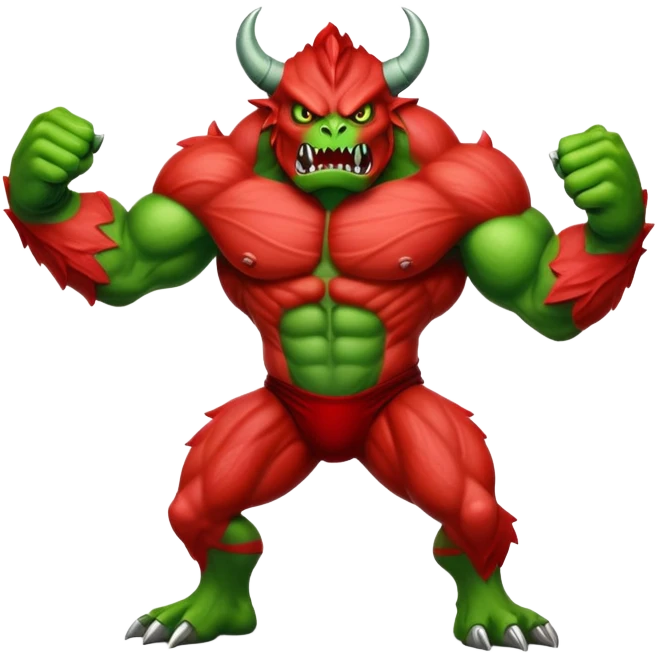 Red Hulk versus Green Hulk, red muscular monster fighting green muscular monster emoji