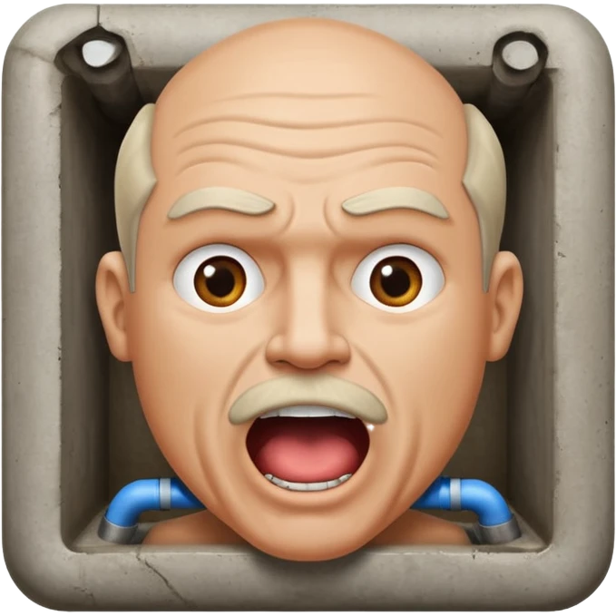 50 year old white male with an open mouth. No moustache—over his mouth is a square frame made of concrete connected to a drain pipe. He is proud and thinks his right, while being slightly angry because the joke is on him. emoji