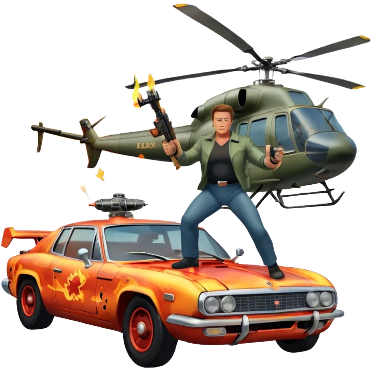 Icon for Action Movies: Arnold Schwarzenegger in the lead role, in an intense action pose with weapons, explosions, a car and helicopter flying out of flames in the background. The design should capture the explosive energy and heroism of classic action films. Transparent background. emoji