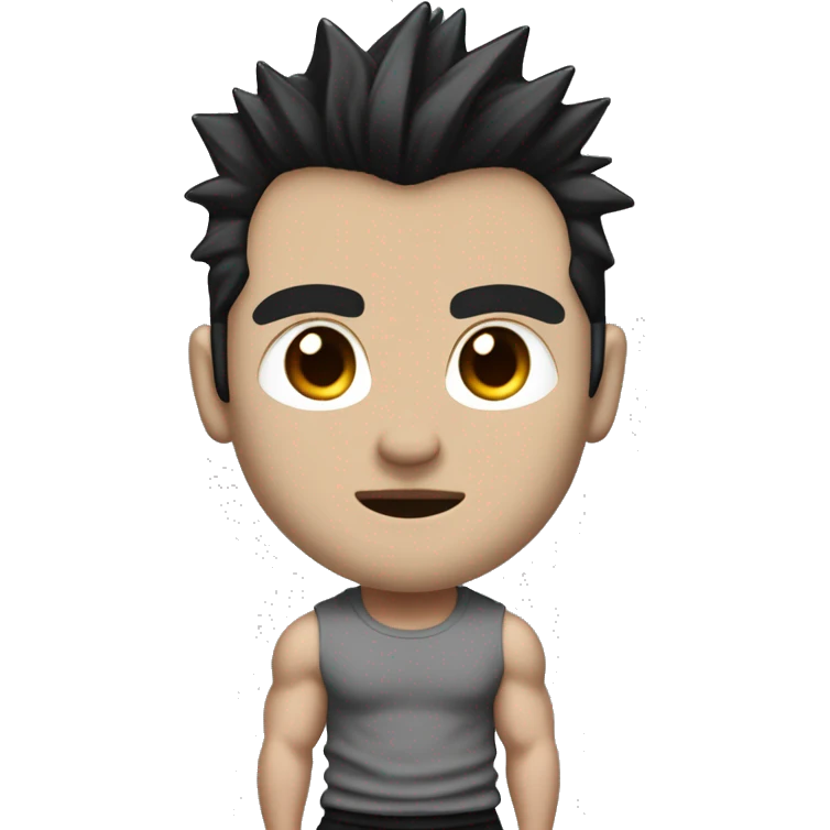 generate me an emoji that looks like a very bulky japanese bodybuilder with a scar on the left side of his lips, black spiky hair and eyes, a black slim fit  t-shirt and long baggy light grey japanese pants and black shoes emoji