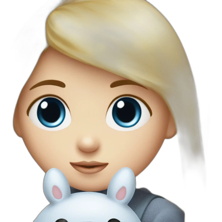bébé fille blonde décoiffée aux yeux bleus avec une peluche Totoro  emoji