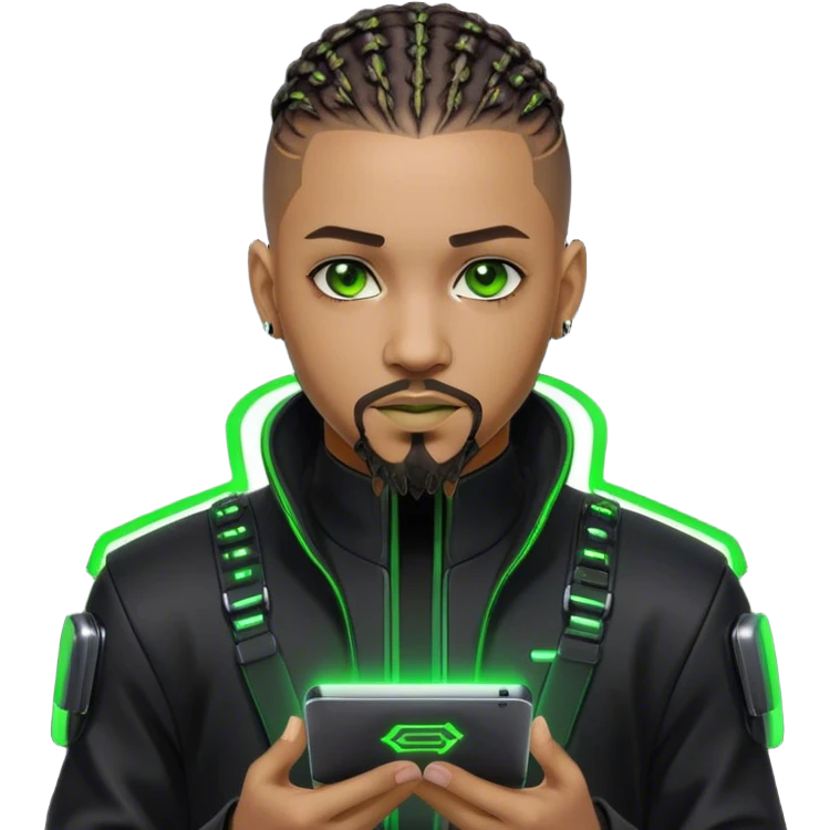 Light skinned African American male with green eyes as a cyberpunk hacker with cornrows hairstyle but short cornrows  with goatee facial hair  emoji