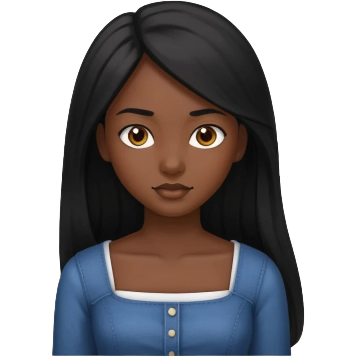 A dark skin girl with long black hair swept to the front and a square neckline shirt and brown eyes emoji