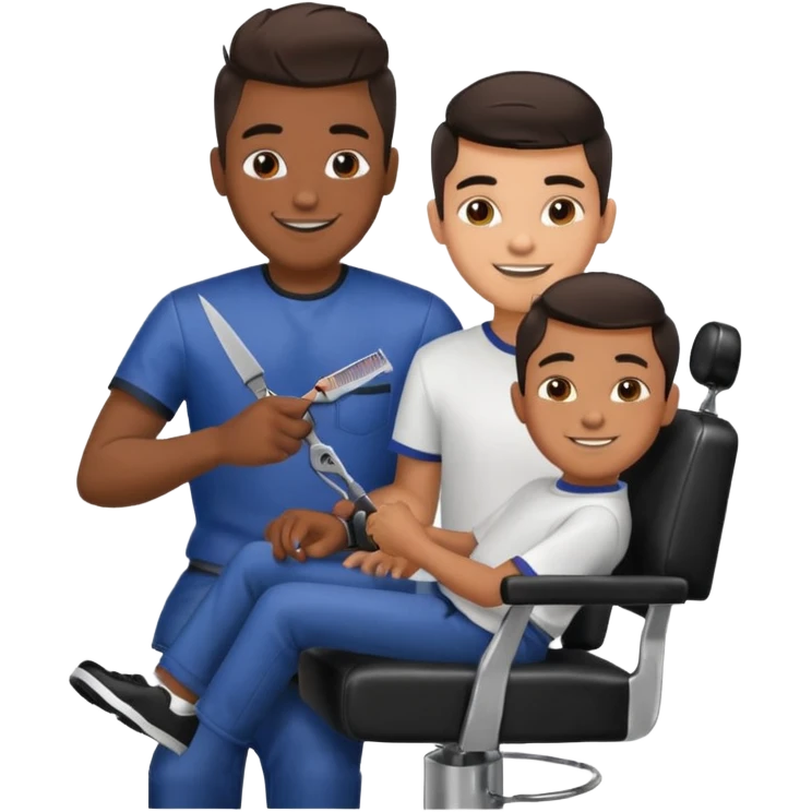 Barber cutting teenage boys hair. Show the boy sat in black barber chair and both having smiles on their faces. Both have dark hair emoji