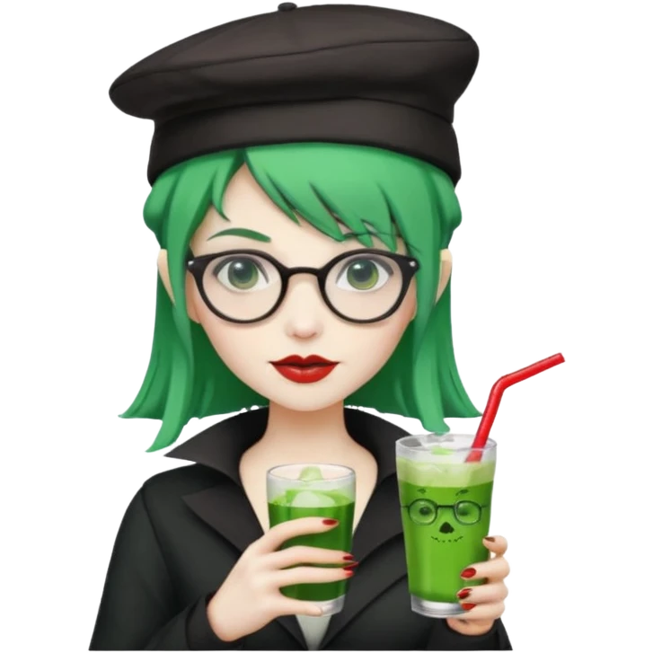 vampire green hair Drink holders with hat, wearing glasses, female emoji