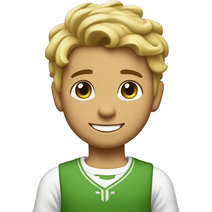 Un niño con el pelo rizado y moreno, con los ojos verdes y una sonrisa que le falta un diente tiene varias pecas por la cara y va vestido con un peto vaquero y una camiseta por dentro del peto, de color blanca. emoji