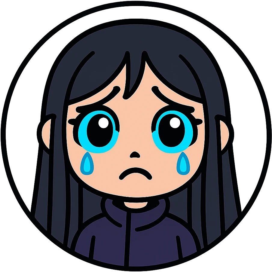 chibi cyberpunk girl with long straight black hair, large glowing neon-blue anime eyes, light peach skin, round face, small nose, soft cheeks, thin black line art, sad expression with teary wide open eyes, eyebrows arched upward, downturned frown, shimmer in eyes, inside a thin black circle, pure white background emoji