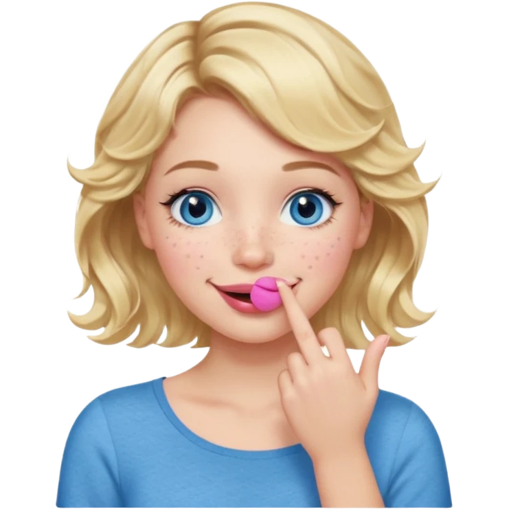 Girl Blonde short wavy hair,  blue eyes, cute blue top, long lashes, pink lips, smiling, hand over the mouth emoji