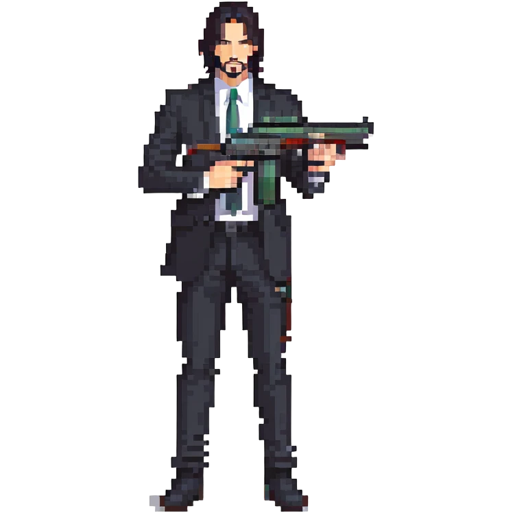 John Wick character with black suit, long dark hair, holding a gun emoji