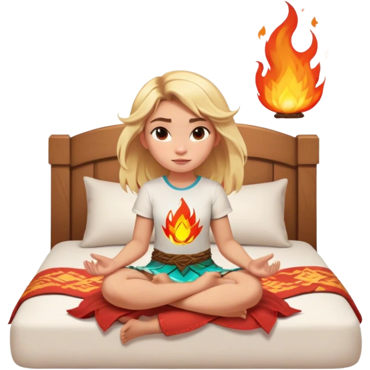 A girl their hair is floating and they have fire powers blonde hair and earth powers, and wearing a Moana shirt and they have superpowers and they are sitting on their bed emoji