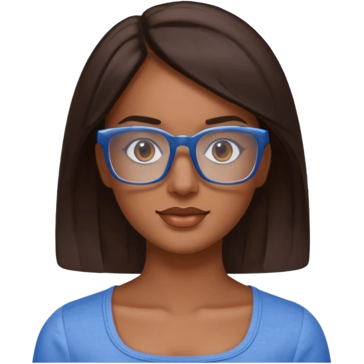 mujer de 30 años, cabello marron oscuro, anteojos cuadrados transparente, top celeste escote cuadrado emoji